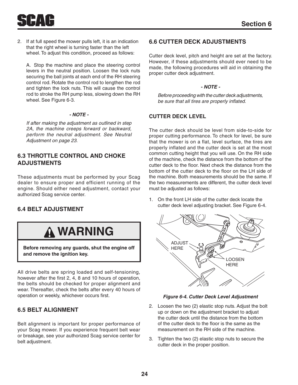 3 throttle control and choke adjustments, 4 belt adjustment, 5 belt alignment | 6 cutter deck adjustments, Warning | Scag Power Equipment STWC61V-25KA-LC User Manual | Page 28 / 120