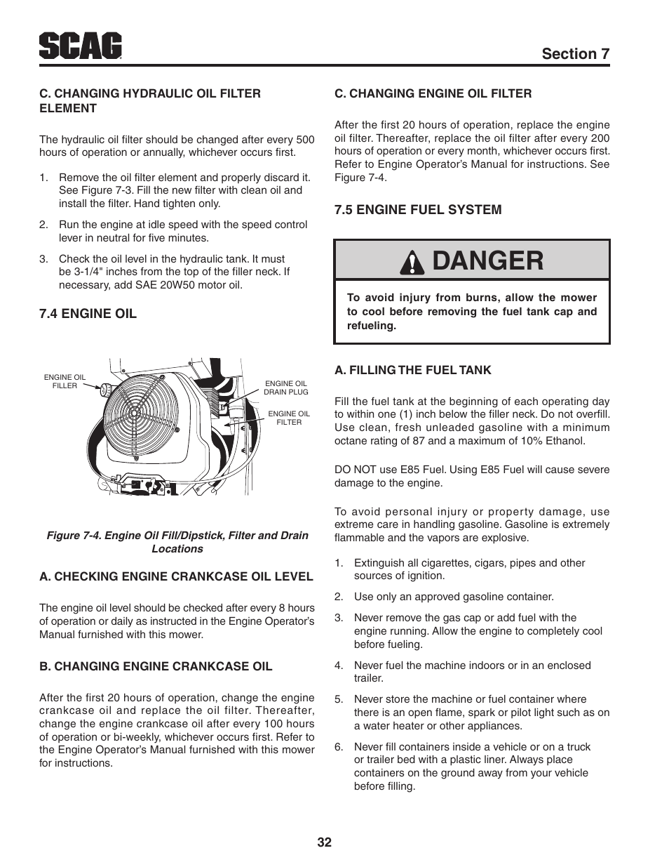 4 engine oil, 5 engine fuel system, 4 engine oil 7.5 engine fuel system | Danger | Scag Power Equipment STWC61V-25KA-LC User Manual | Page 36 / 120