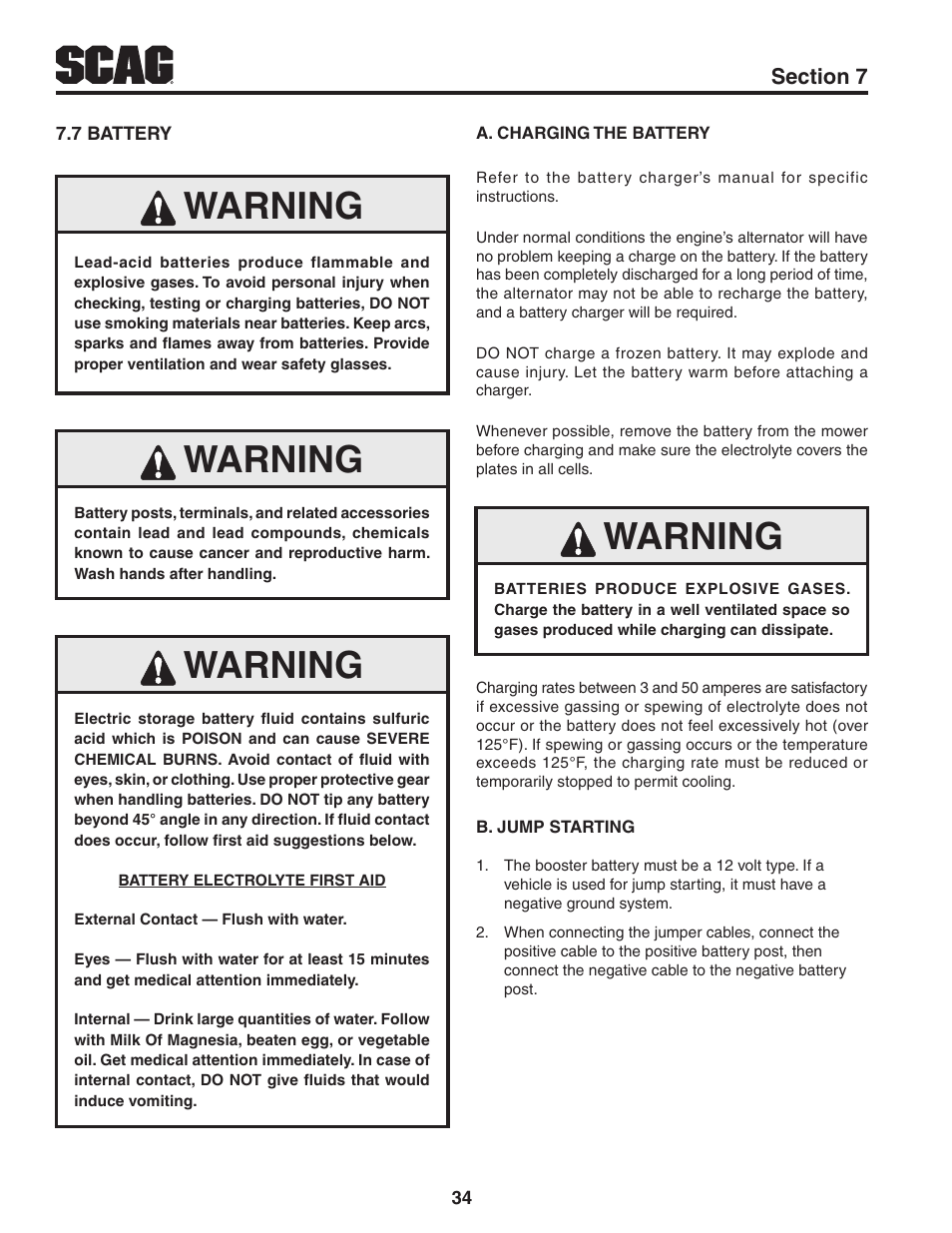 7 battery, Warning | Scag Power Equipment STWC61V-25KA-LC User Manual | Page 38 / 120