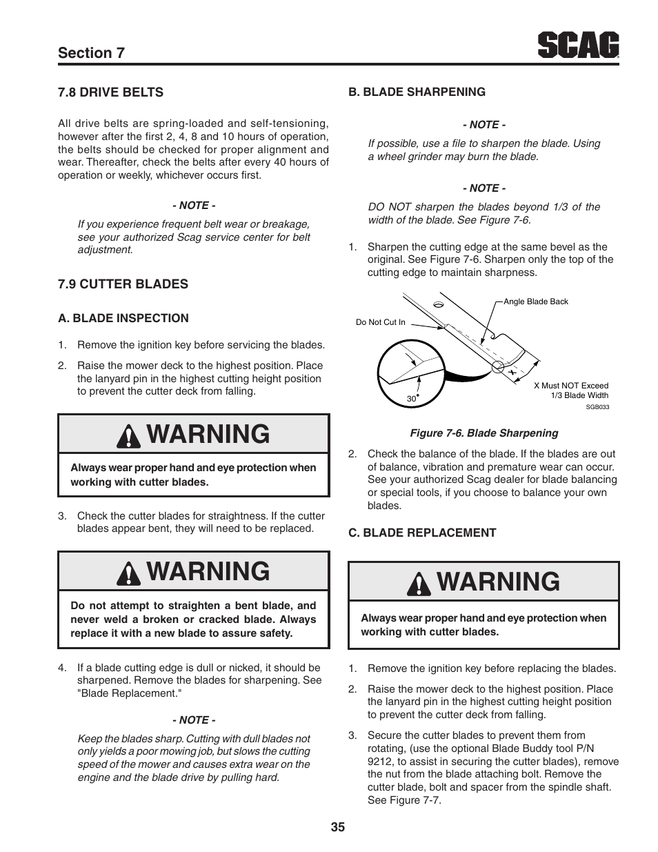 8 drive belts, 9 cutter blades, 8 drive belts 7.9 cutter blades | Warning | Scag Power Equipment STWC61V-25KA-LC User Manual | Page 39 / 120