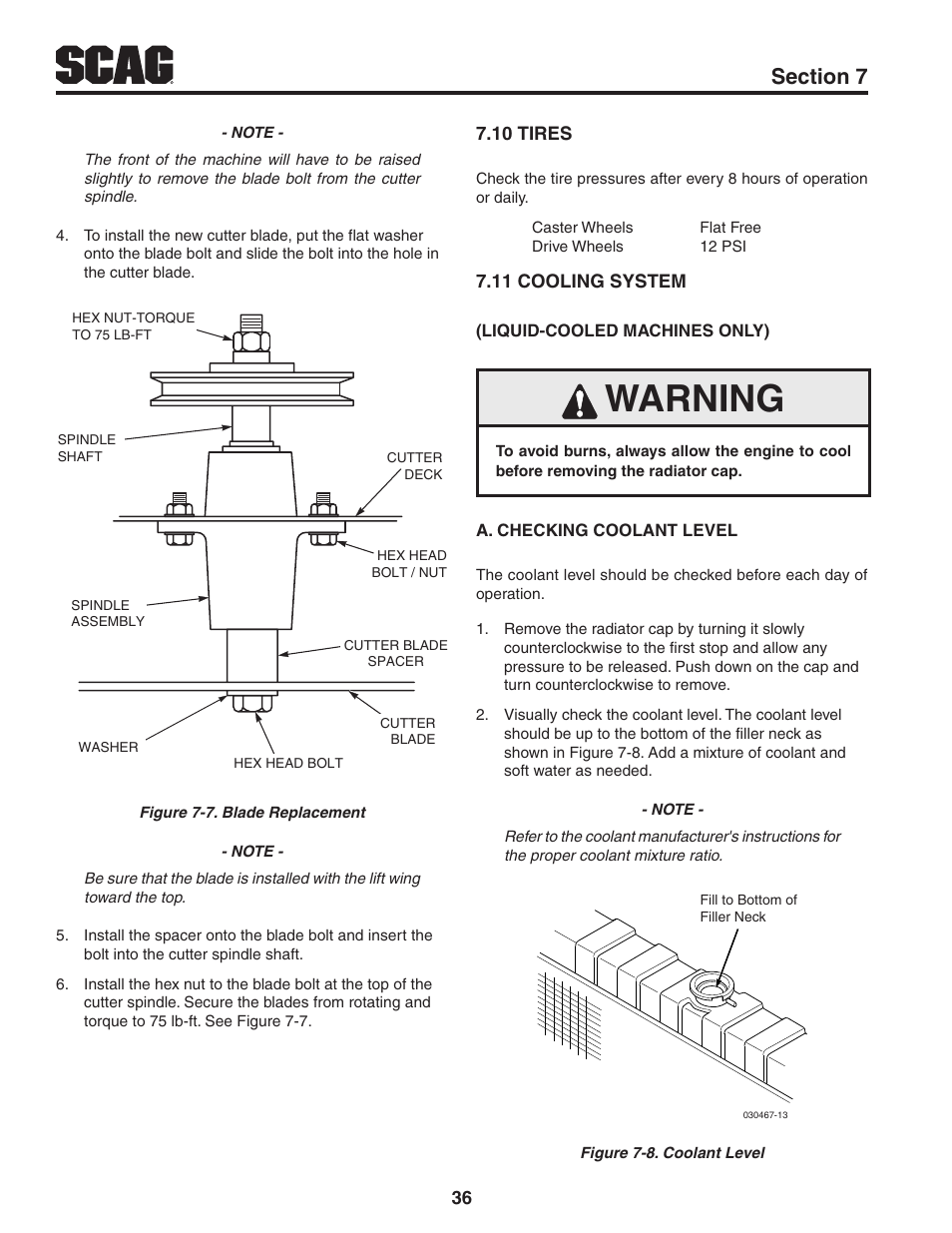 10 tires, 11 cooling system, 10 tires 7.11 cooling system | Warning | Scag Power Equipment STWC61V-25KA-LC User Manual | Page 40 / 120
