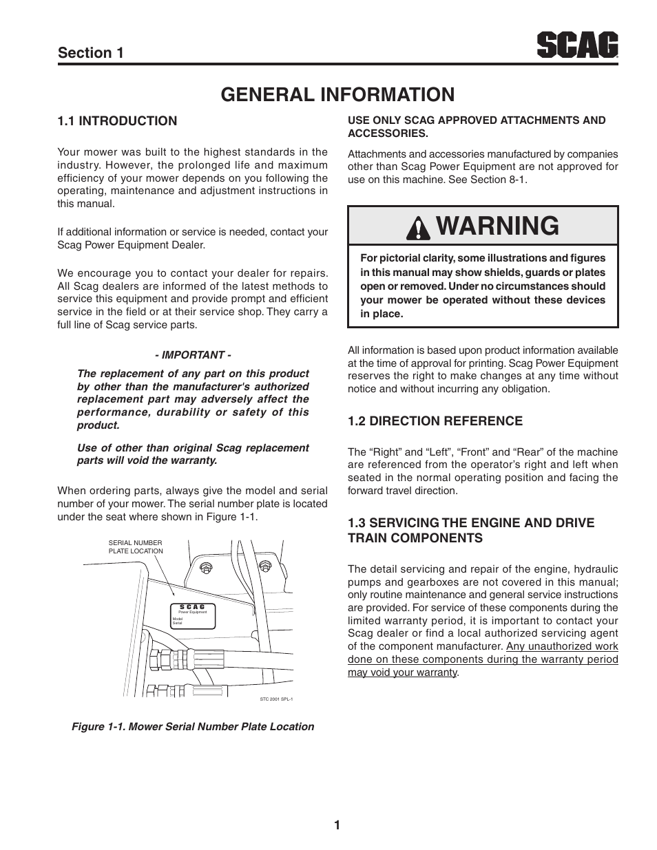 General information, 1 introduction, 2 direction reference | 3 servicing the engine and drive train components, Section 1, Warning | Scag Power Equipment STWC61V-25KA-LC User Manual | Page 5 / 120