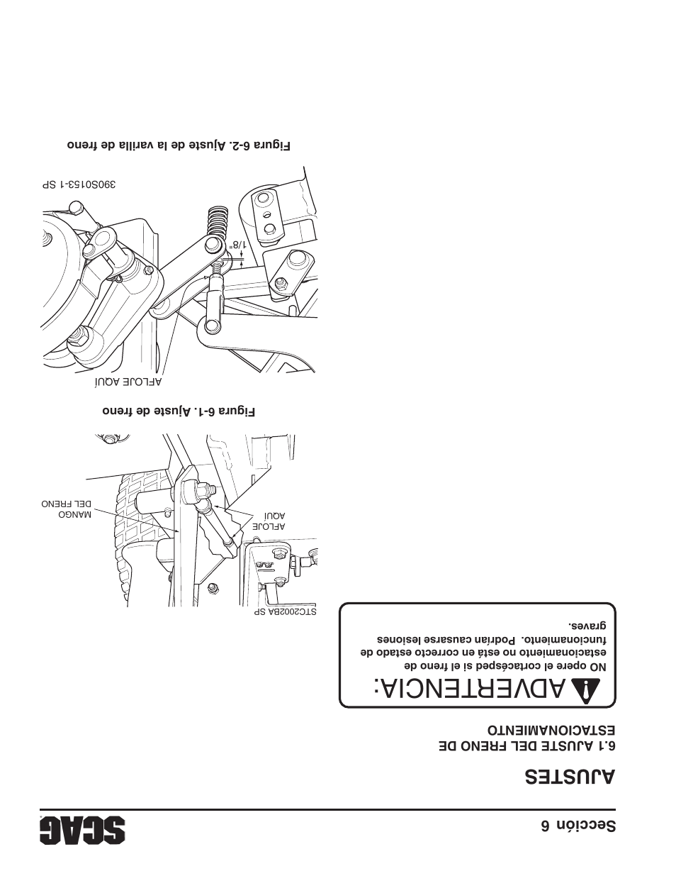 Adver tencia, Ajustes, Sección 6 23 | Scag Power Equipment STWC61V-25KA-LC User Manual | Page 93 / 120