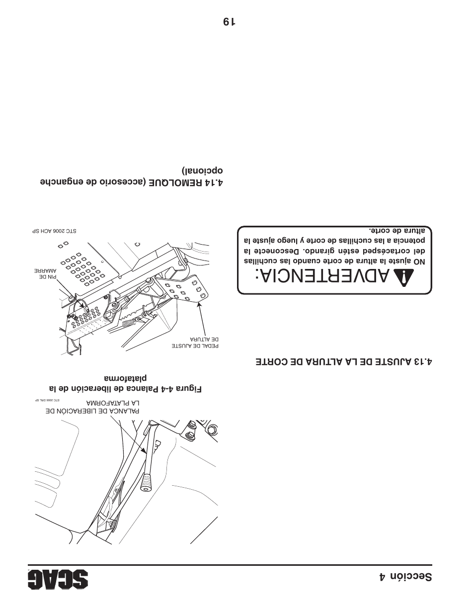 Adver tencia, Sección 4 19 | Scag Power Equipment STWC61V-25KA-LC User Manual | Page 98 / 120