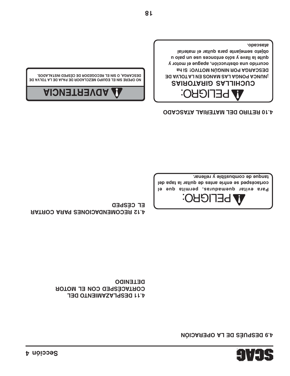 Peligro, Advertencia, Sección 4 18 | Cuchillas giratorias | Scag Power Equipment STWC61V-25KA-LC User Manual | Page 99 / 120
