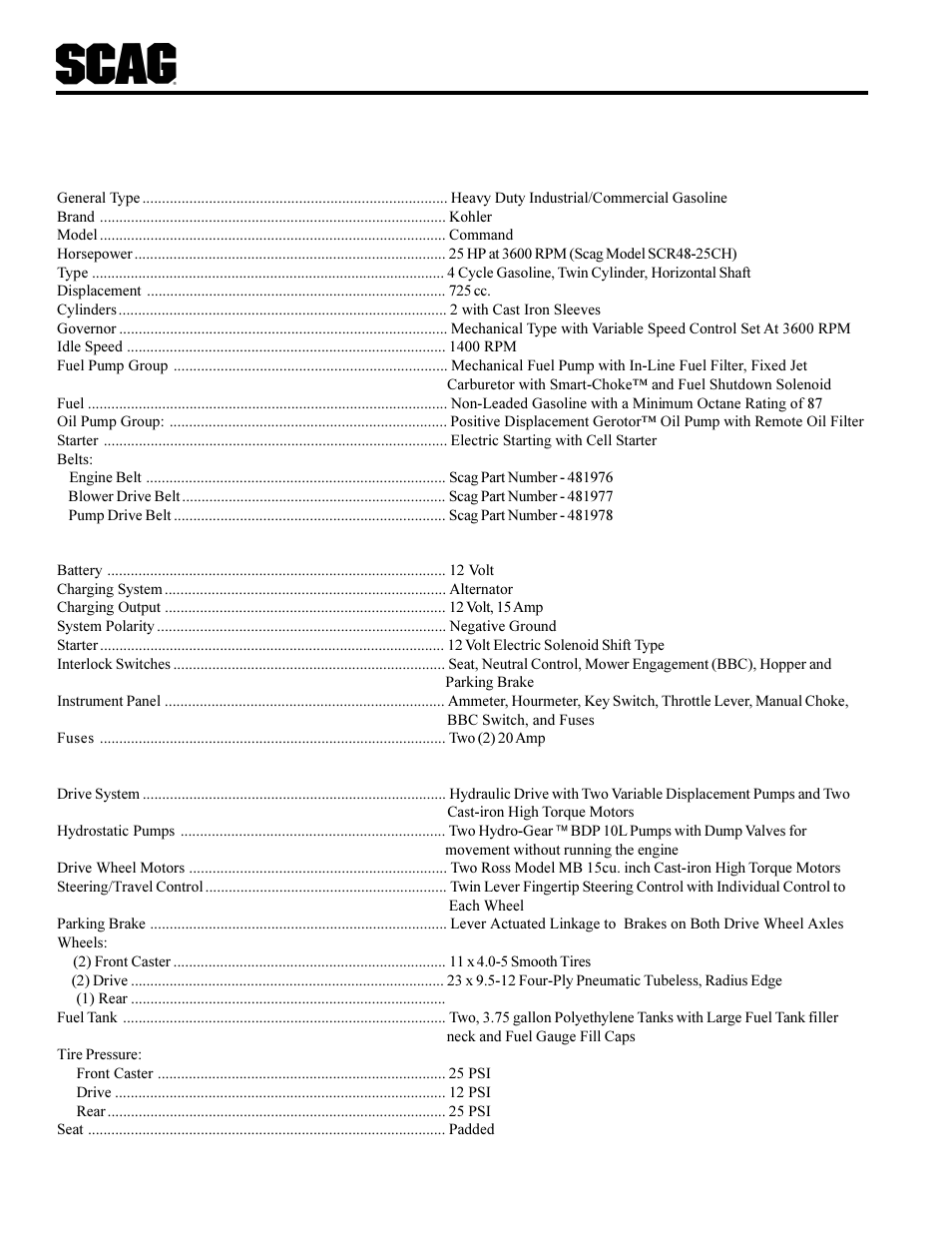 Specifications | Scag Power Equipment SCR User Manual | Page 10 / 75