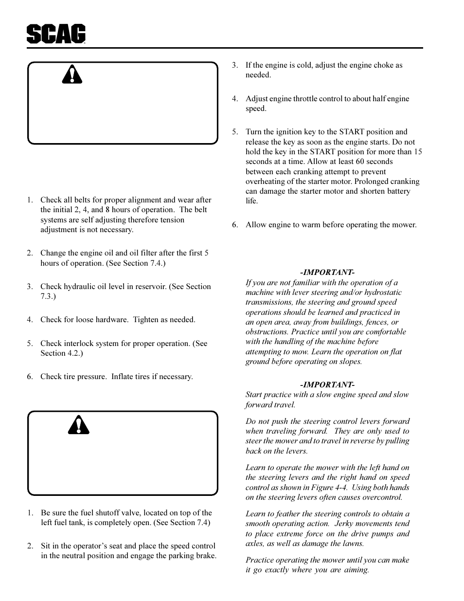 Caution, Warning | Scag Power Equipment SCR User Manual | Page 14 / 75