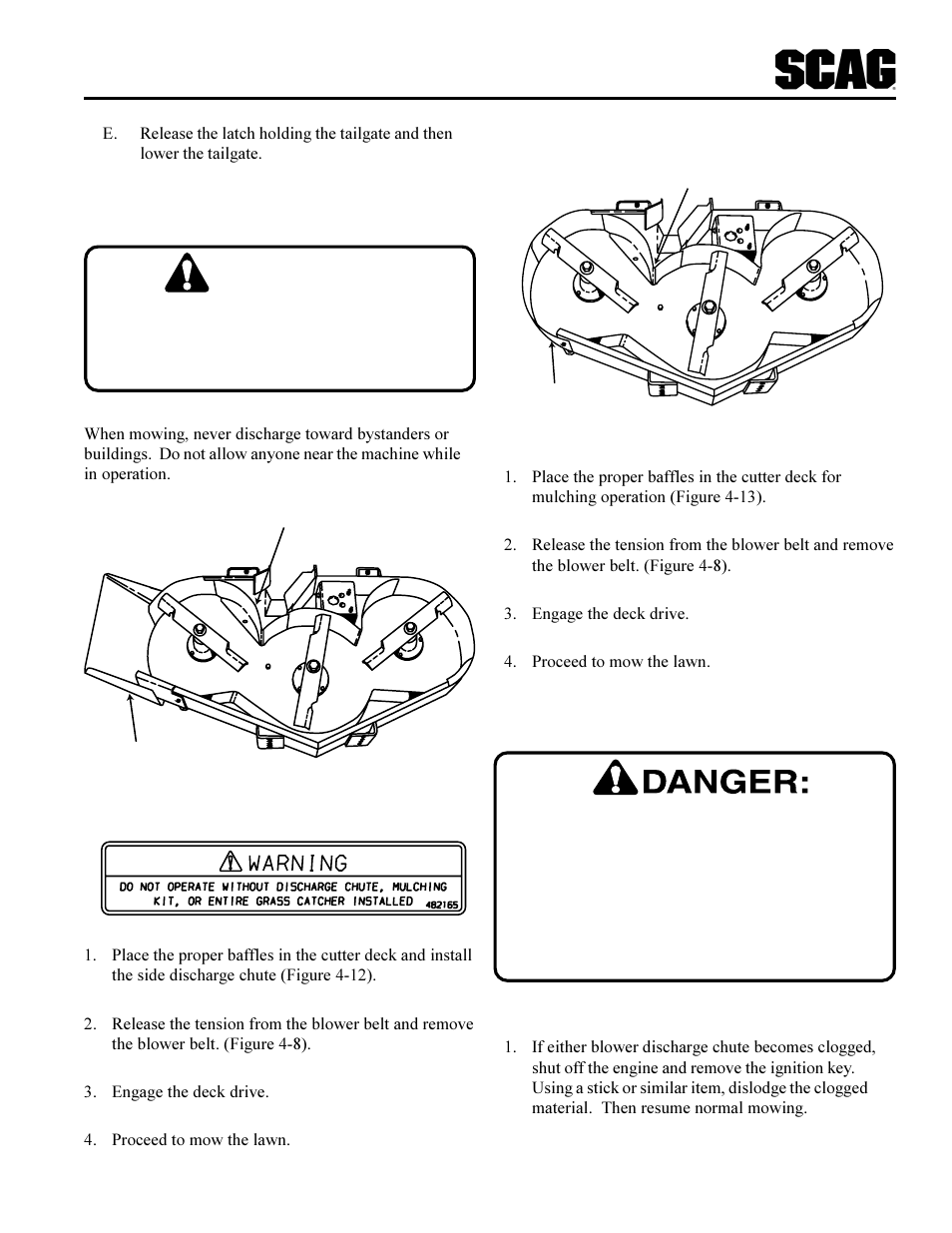 Caution, Rotating blower blades | Scag Power Equipment SCR User Manual | Page 19 / 75