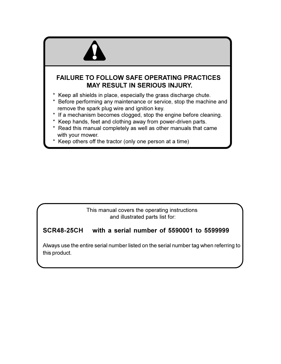Warning | Scag Power Equipment SCR User Manual | Page 2 / 75