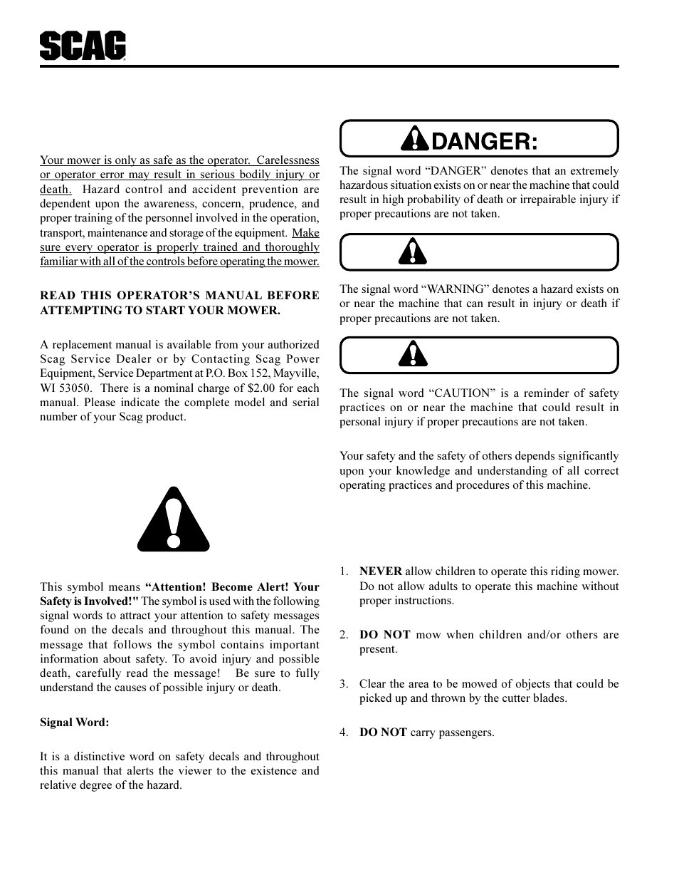 Warning, Caution, Safety information | Scag Power Equipment SCR User Manual | Page 6 / 75