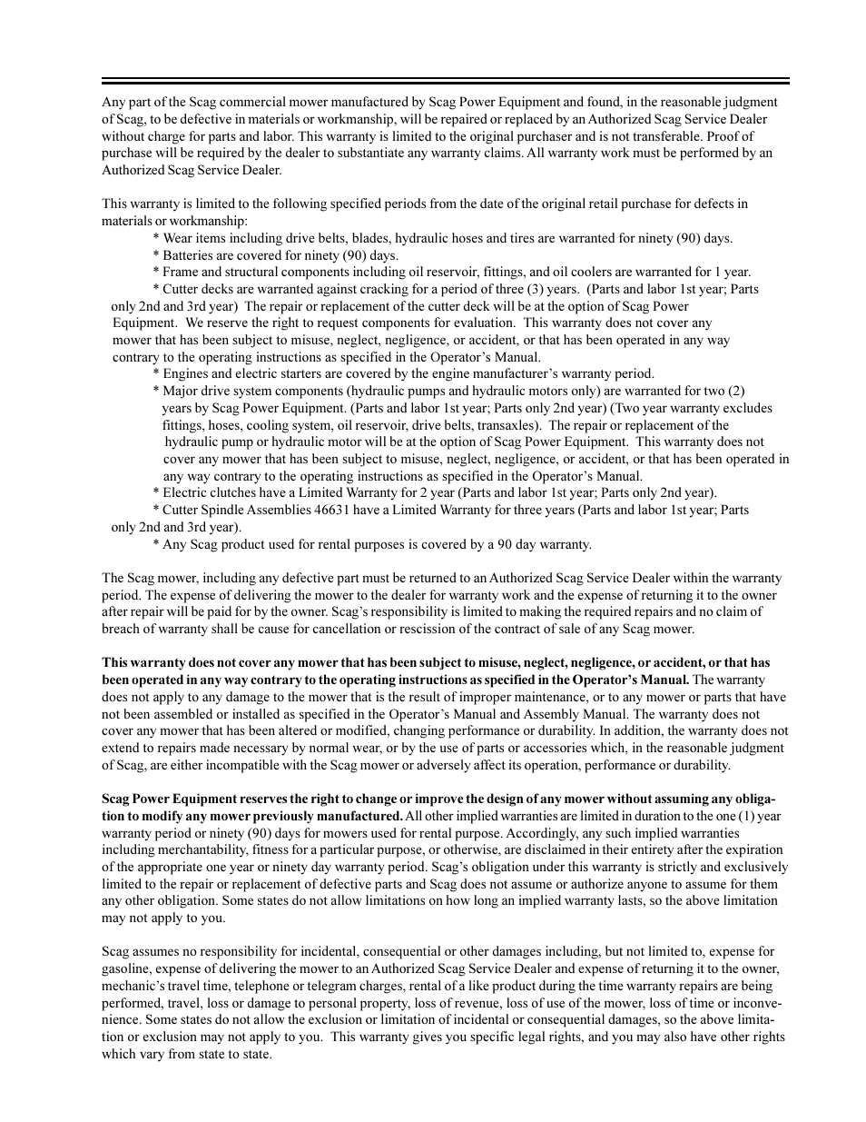 Limited warranty - commercial equipment | Scag Power Equipment SCR User Manual | Page 74 / 75