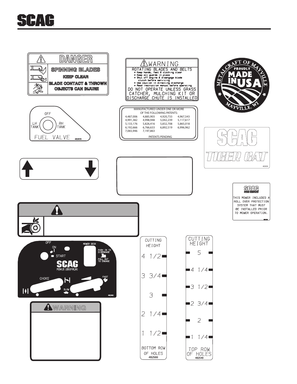 Replacement decals and information plates, Heavy-duty commercial, Warning | Install belt cover before operating machine | Scag Power Equipment SMTC-48V User Manual | Page 32 / 34