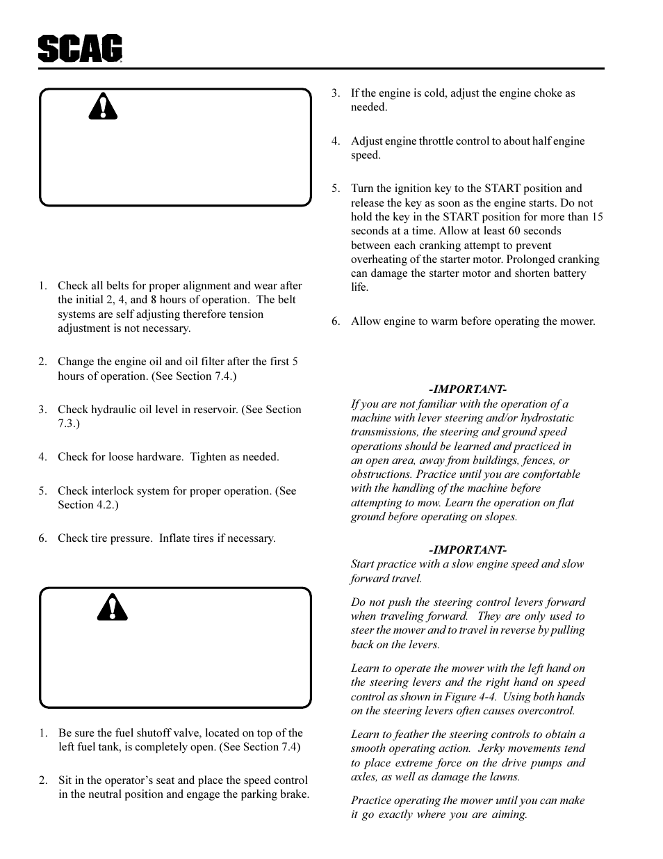 Caution, Warning | Scag Power Equipment SCAG SCR User Manual | Page 14 / 75