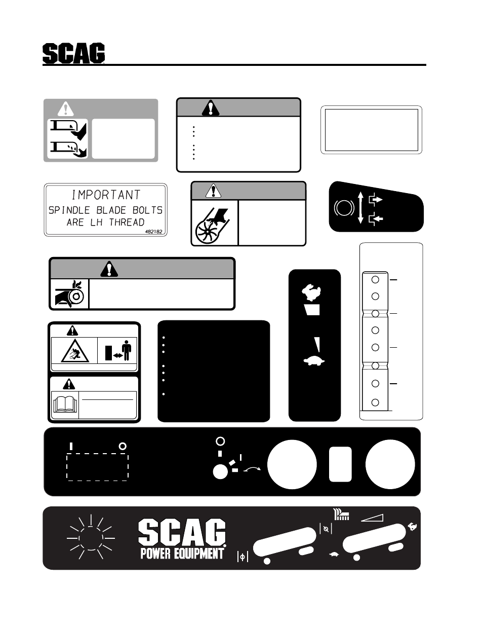 Replacement decals and information plates, Danger, Cutting height | Warning, Caution, Choke, Install belt cover before operating machine | Scag Power Equipment SCAG SCR User Manual | Page 70 / 75