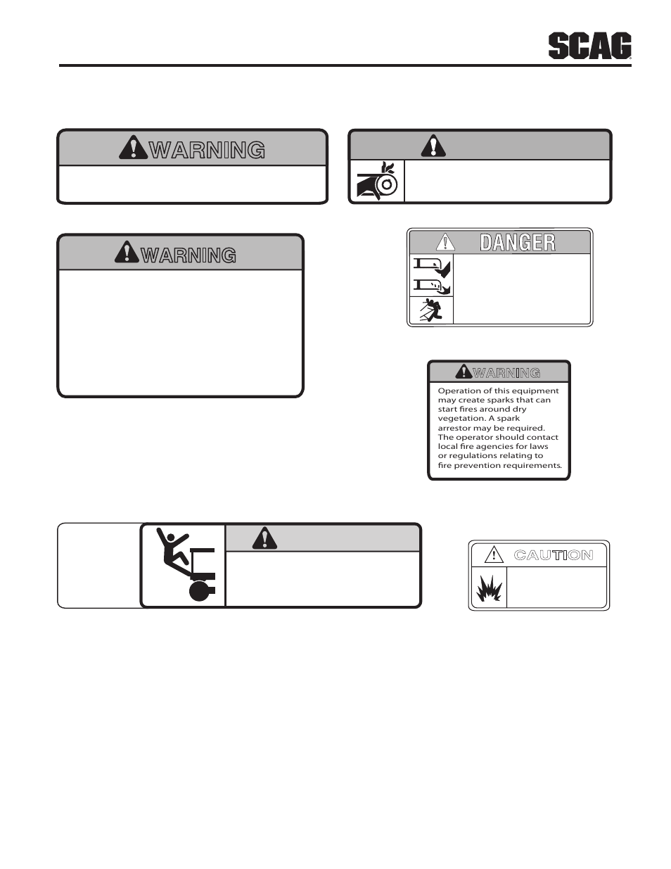 7 safety and instructional decals, Warning, Safety and instructional decals 2.7 | Caution, Install belt cover before operating machine, Spinning blades | Scag Power Equipment SW32-15KAI User Manual | Page 11 / 76