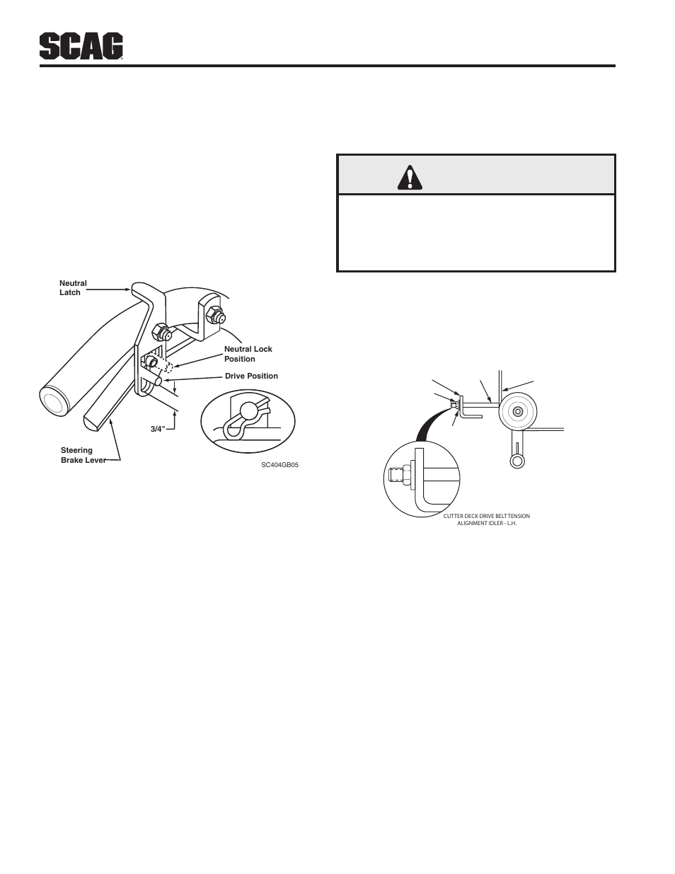 Adjustments, 1 drive control adjustments, 2 throttle control and choke adjustments | 3 cutter deck belt adjustments, Section 6, Warning, Drive control adjustments 6.1, Throttle control and choke 6.2 adjustments, Cutter deck belt adjustments 6.3 | Scag Power Equipment SW32-15KAI User Manual | Page 22 / 76