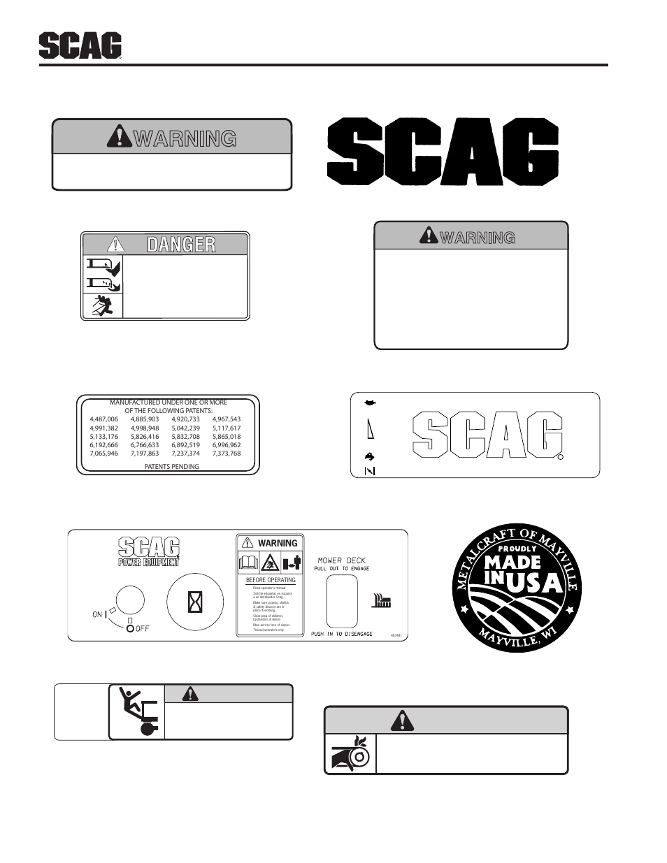 Replacement decals and information plates, Warning, Install belt cover before operating machine | Spinning blades | Scag Power Equipment SW32-15KAI User Manual | Page 48 / 76