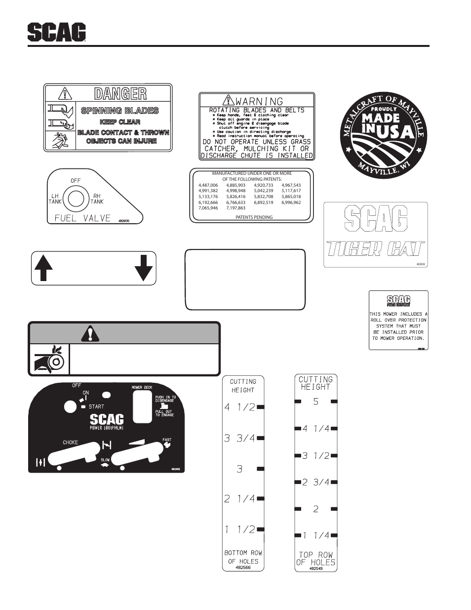 Replacement decals and information plates, Heavy-duty commercial, Warning | Install belt cover before operating machine | Scag Power Equipment STC SMWC-52V User Manual | Page 29 / 31