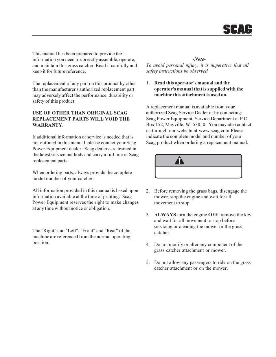 Warning | Scag Power Equipment GC-STC User Manual | Page 3 / 19