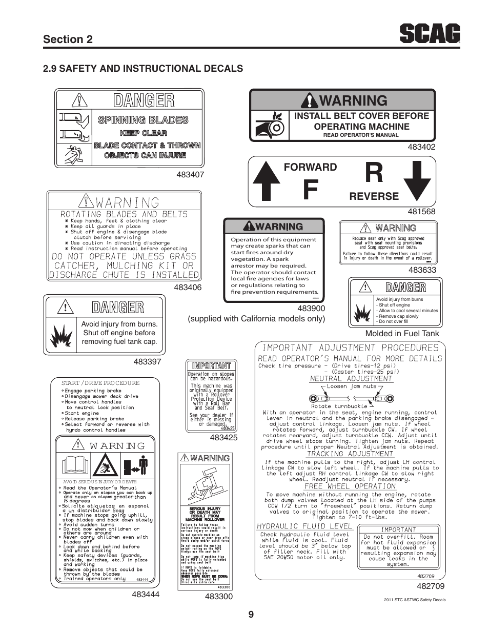 9 safety and instructional decals, Warning, W arning | Forward reverse | Scag Power Equipment TIGER CAT STC48V-22FS-LE User Manual | Page 13 / 80