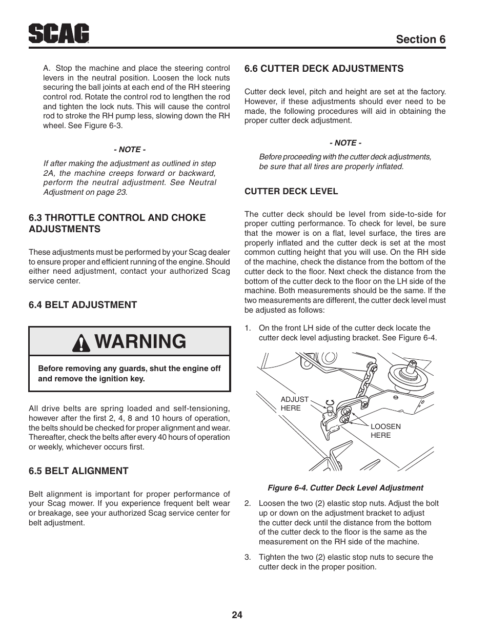 3 throttle control and choke adjustments, 4 belt adjustment, 5 belt alignment | 6 cutter deck adjustments, Warning | Scag Power Equipment TIGER CAT STC48V-22FS-LE User Manual | Page 28 / 80