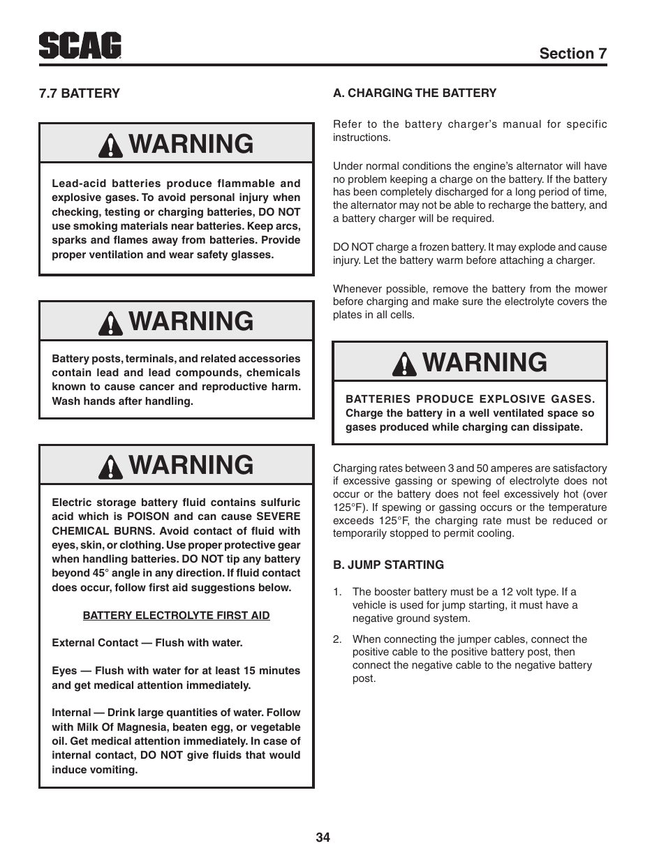 7 battery, Warning | Scag Power Equipment TIGER CAT STC48V-22FS-LE User Manual | Page 38 / 80