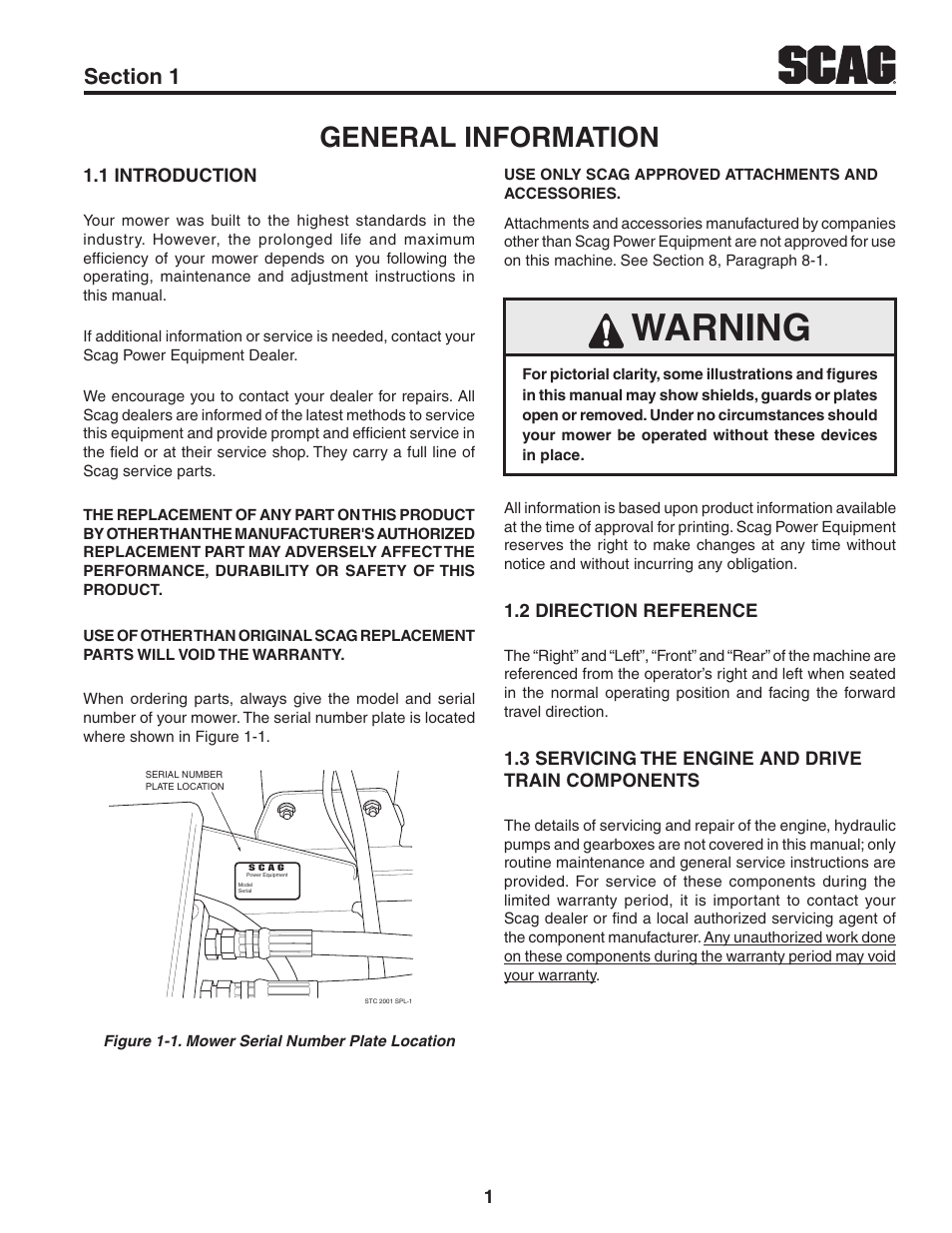 General information, 1 introduction, 2 direction reference | 3 servicing the engine and drive train components, Warning | Scag Power Equipment TIGER CAT STC48V-22FS-LE User Manual | Page 5 / 80