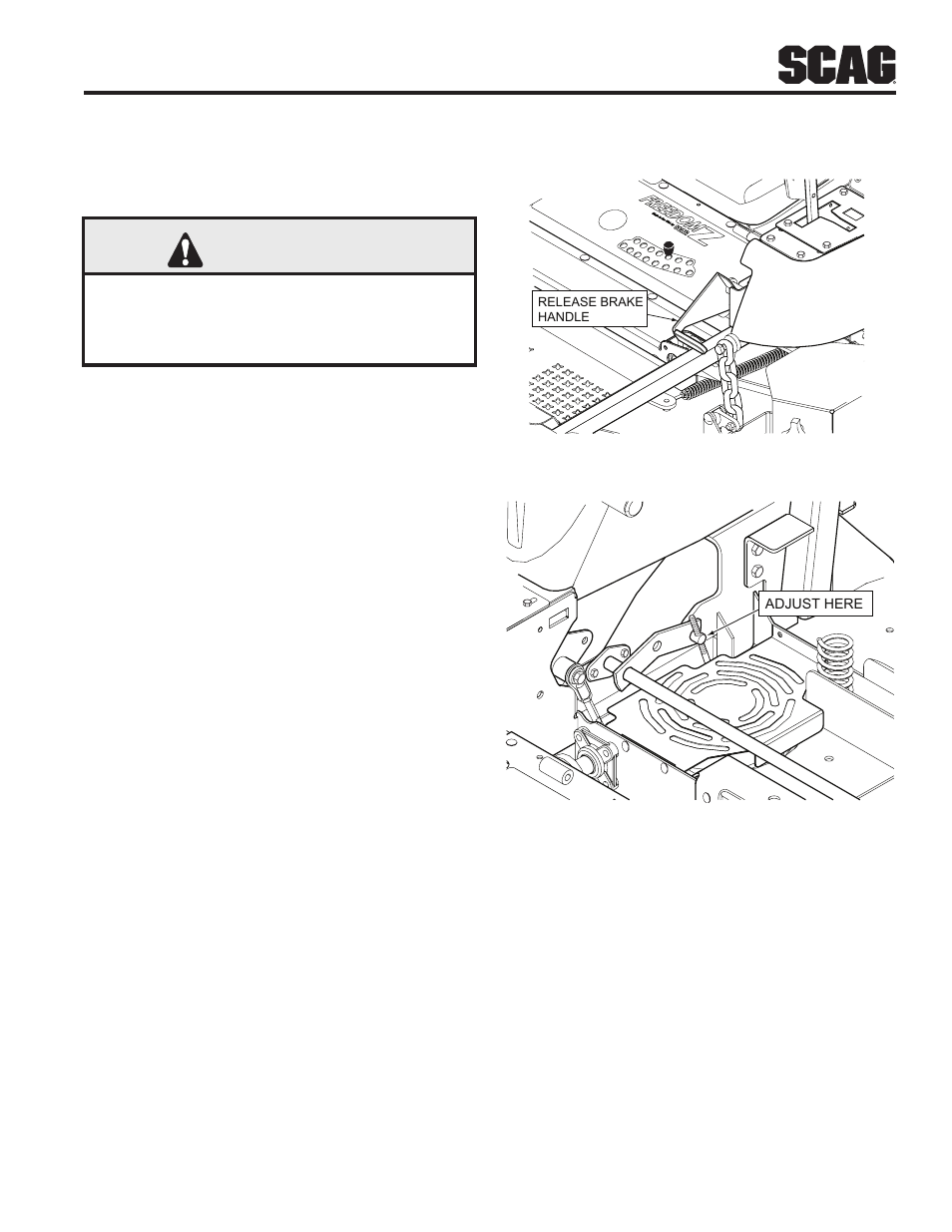 Adjustments, Section 6, 1 parking brake adjustment | Warning | Scag Power Equipment FREEDOM Z SFZ48-26BS User Manual | Page 25 / 69