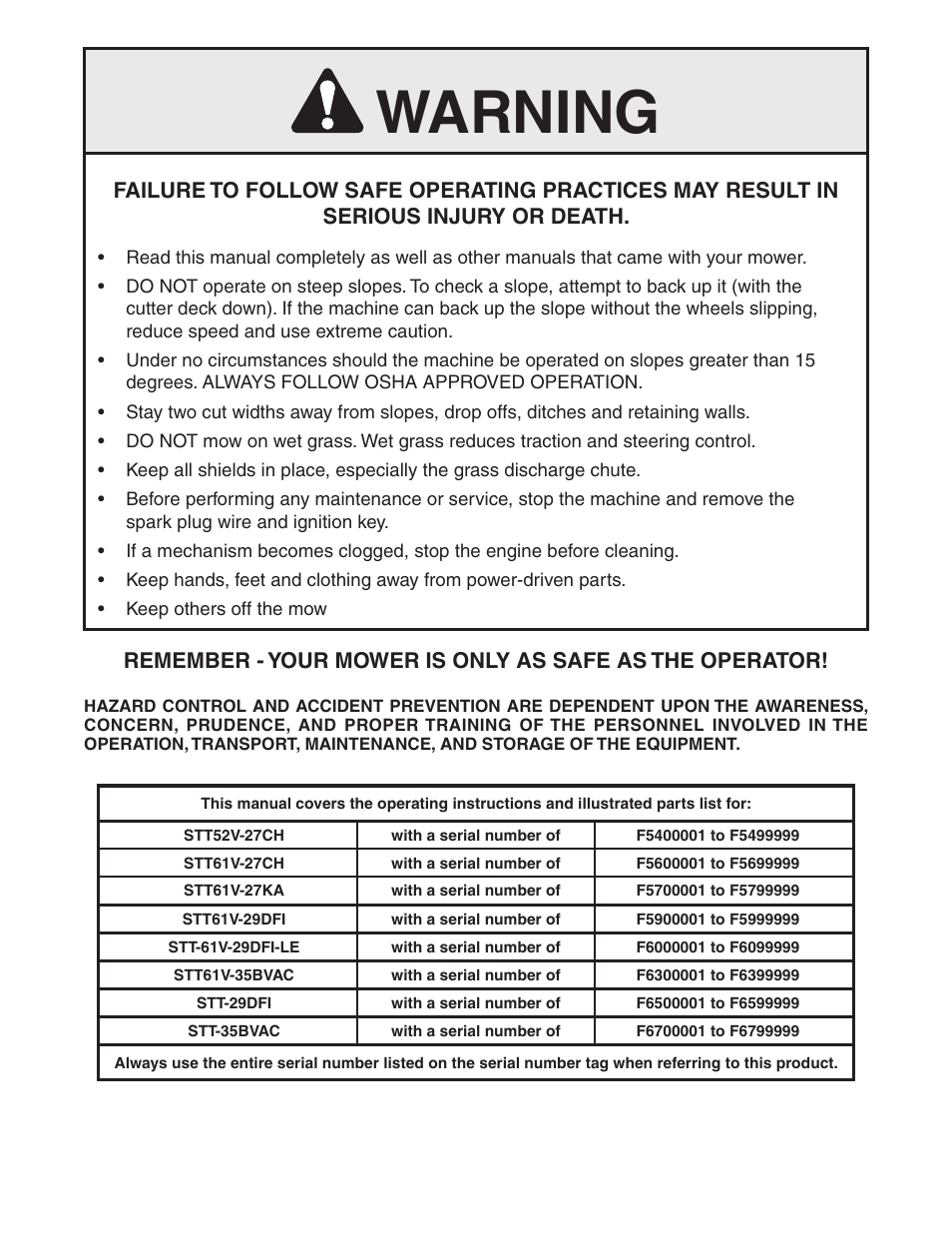 Warning | Scag Power Equipment TURF TIGER STT61V-29DFI User Manual | Page 2 / 95