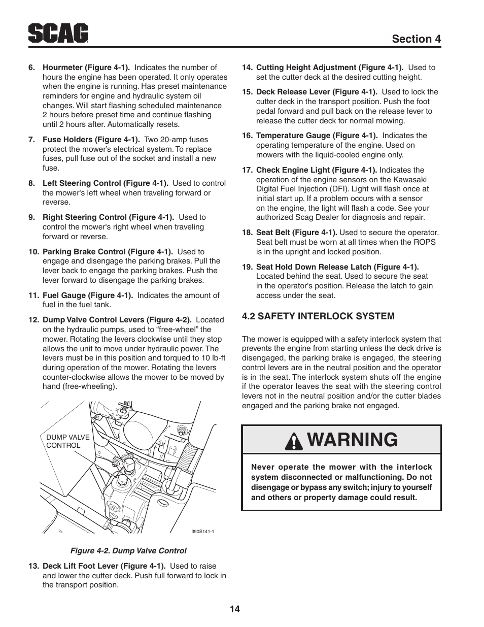 2 safety interlock system, Warning | Scag Power Equipment TURF TIGER STT61V-29DFI User Manual | Page 20 / 95