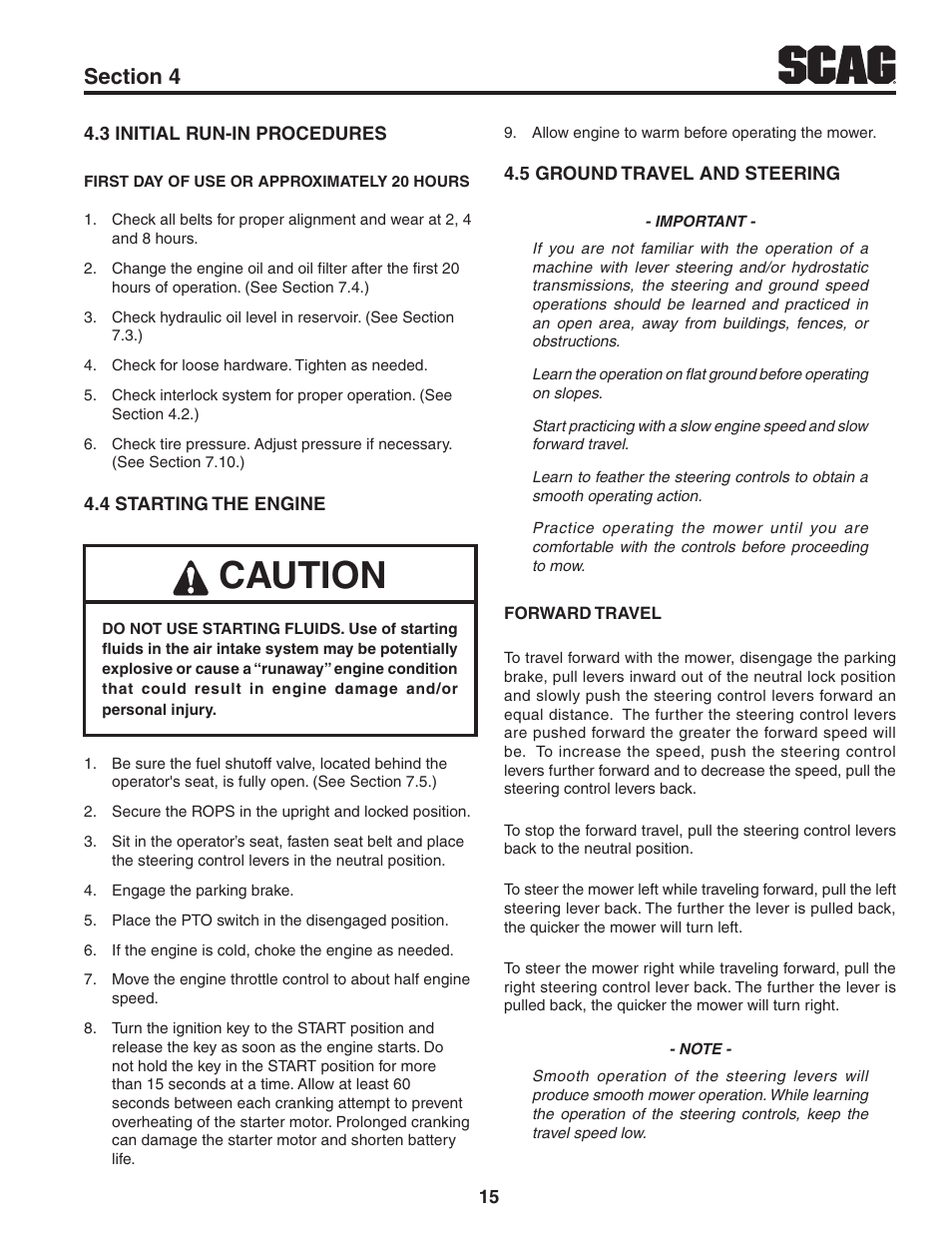 3 initial run-in procedures, 4 starting the engine, 5 ground travel and steering | Caution | Scag Power Equipment TURF TIGER STT61V-29DFI User Manual | Page 21 / 95