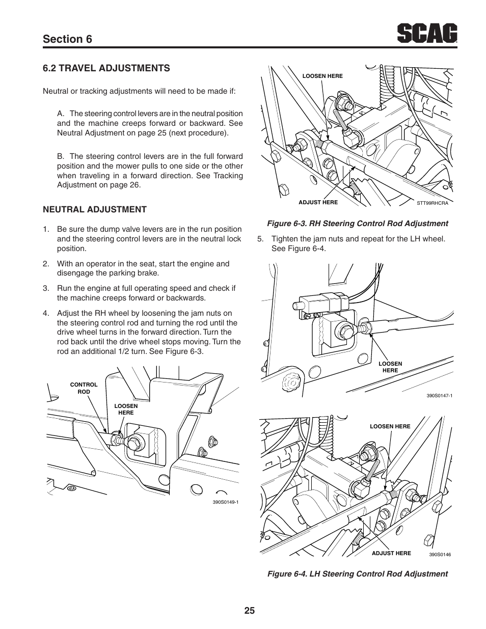 2 travel adjustments, Travel adjustments 6.2, Neutral adjustment | Scag Power Equipment TURF TIGER STT61V-29DFI User Manual | Page 31 / 95