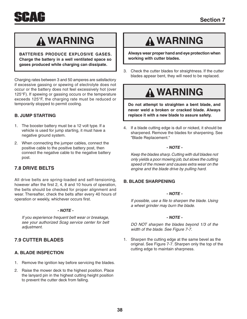 8 drive belts, 9 cutter blades, Warning | Scag Power Equipment TURF TIGER STT61V-29DFI User Manual | Page 44 / 95