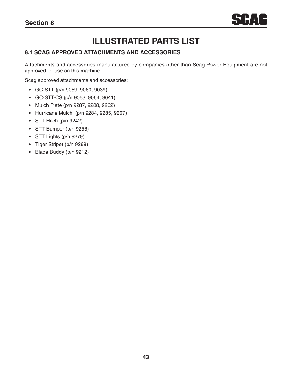 Illustrated parts list, 1 scag approved attachments and accessories | Scag Power Equipment TURF TIGER STT61V-29DFI User Manual | Page 49 / 95