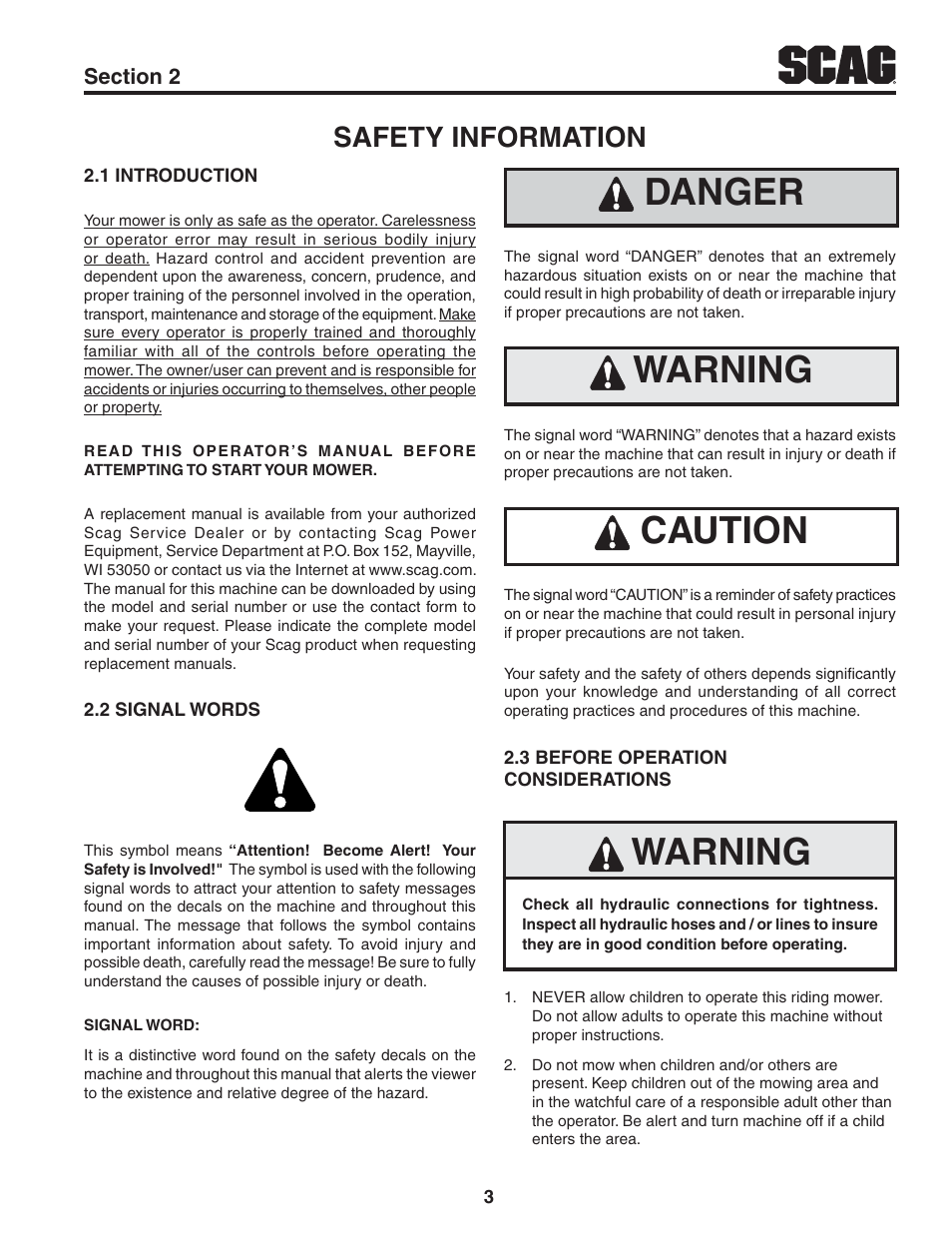 Safety information, 1 introduction, 2 signal words | 3 before operation considerations, Danger, Warning, Caution | Scag Power Equipment TURF TIGER STT61V-29DFI User Manual | Page 9 / 95