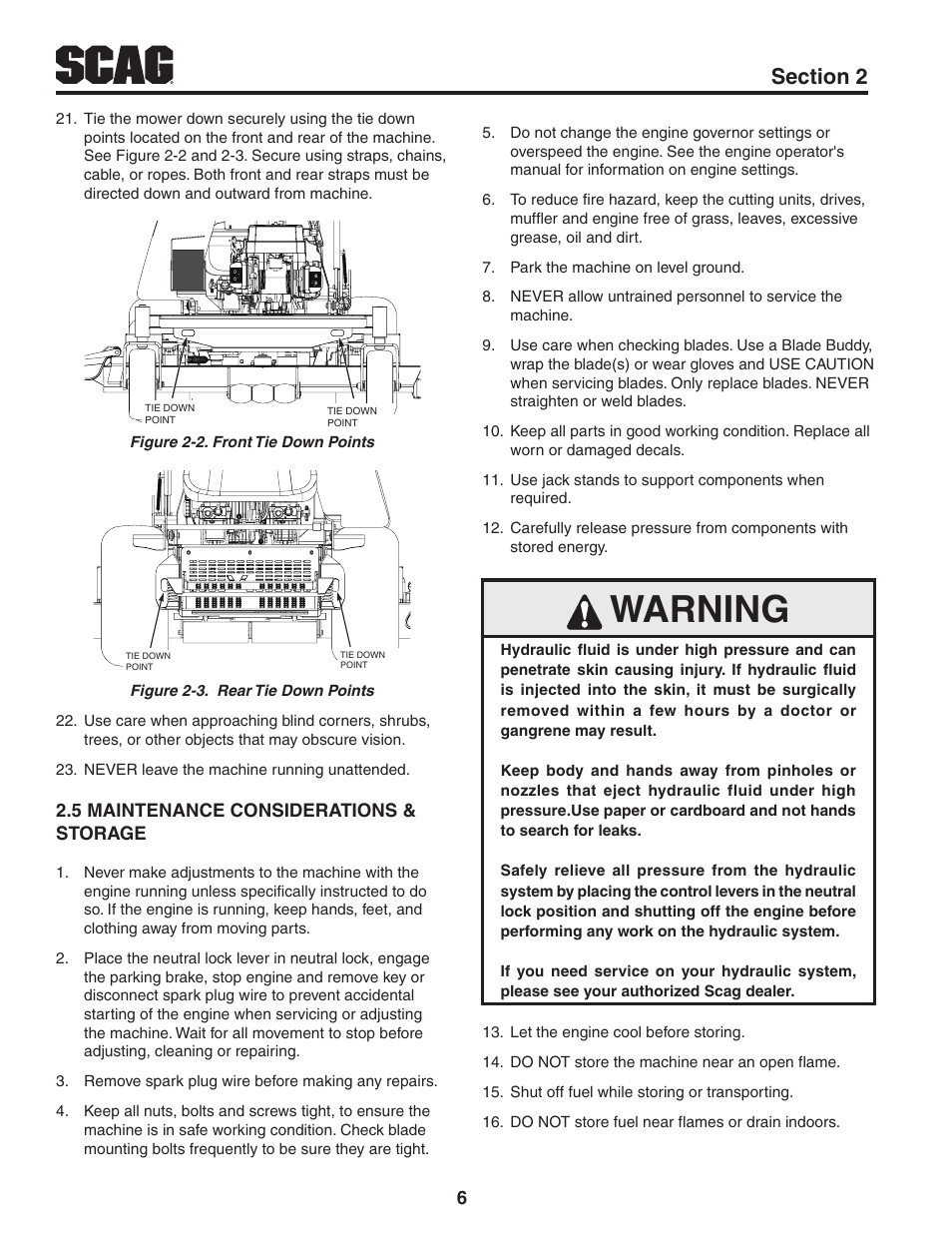 5 maintenance considerations & storage, Warning | Scag Power Equipment V-RIDE SVR61V-29FX User Manual | Page 10 / 65