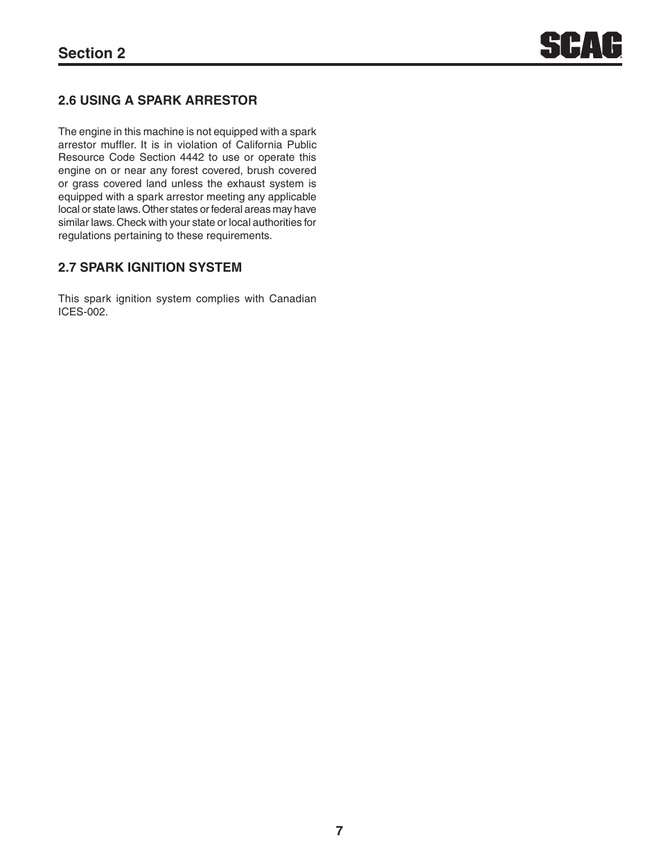 6 using a spark arrestor, 7 spark ignition system, 6 using a spark arrestor 2.7 spark ignition system | Scag Power Equipment V-RIDE SVR61V-29FX User Manual | Page 11 / 65