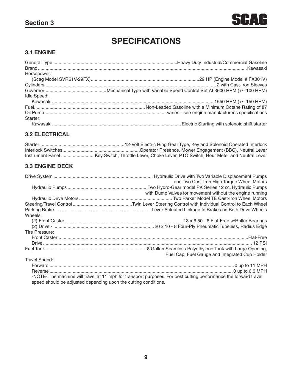 Specifications, 1 engine, 2 electrical | 3 engine deck, Section 3, 1 engine 3.2 electrical 3.3 engine deck | Scag Power Equipment V-RIDE SVR61V-29FX User Manual | Page 13 / 65