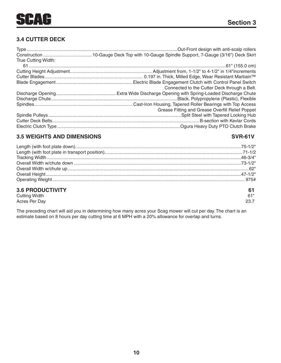 4 cutter deck, 5 weights and dimensions svr-61v | Scag Power Equipment V-RIDE SVR61V-29FX User Manual | Page 14 / 65