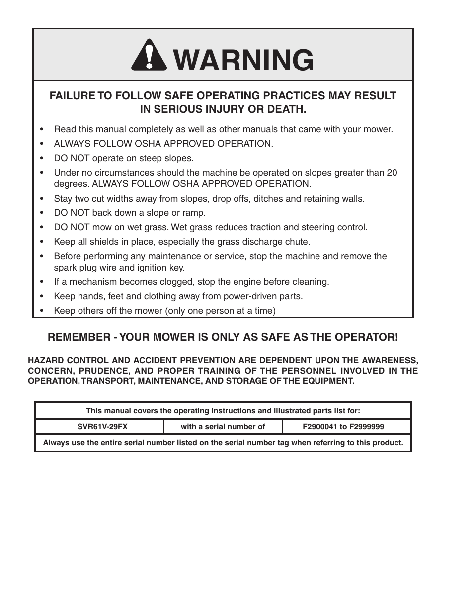 Warning | Scag Power Equipment V-RIDE SVR61V-29FX User Manual | Page 2 / 65
