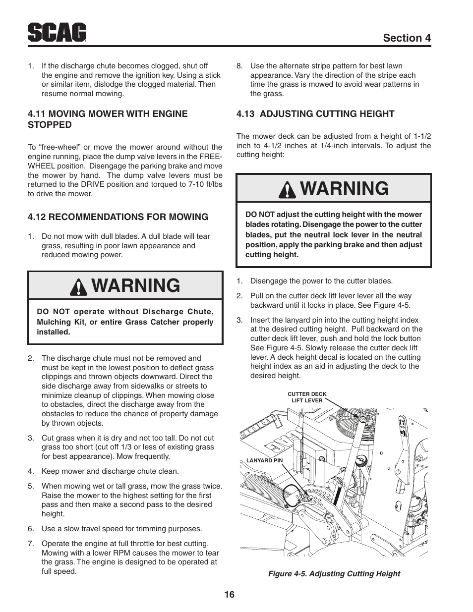 11 moving mower with engine stopped, 12 recommendations for mowing, 13 adjusting cutting height | Warning | Scag Power Equipment V-RIDE SVR61V-29FX User Manual | Page 20 / 65