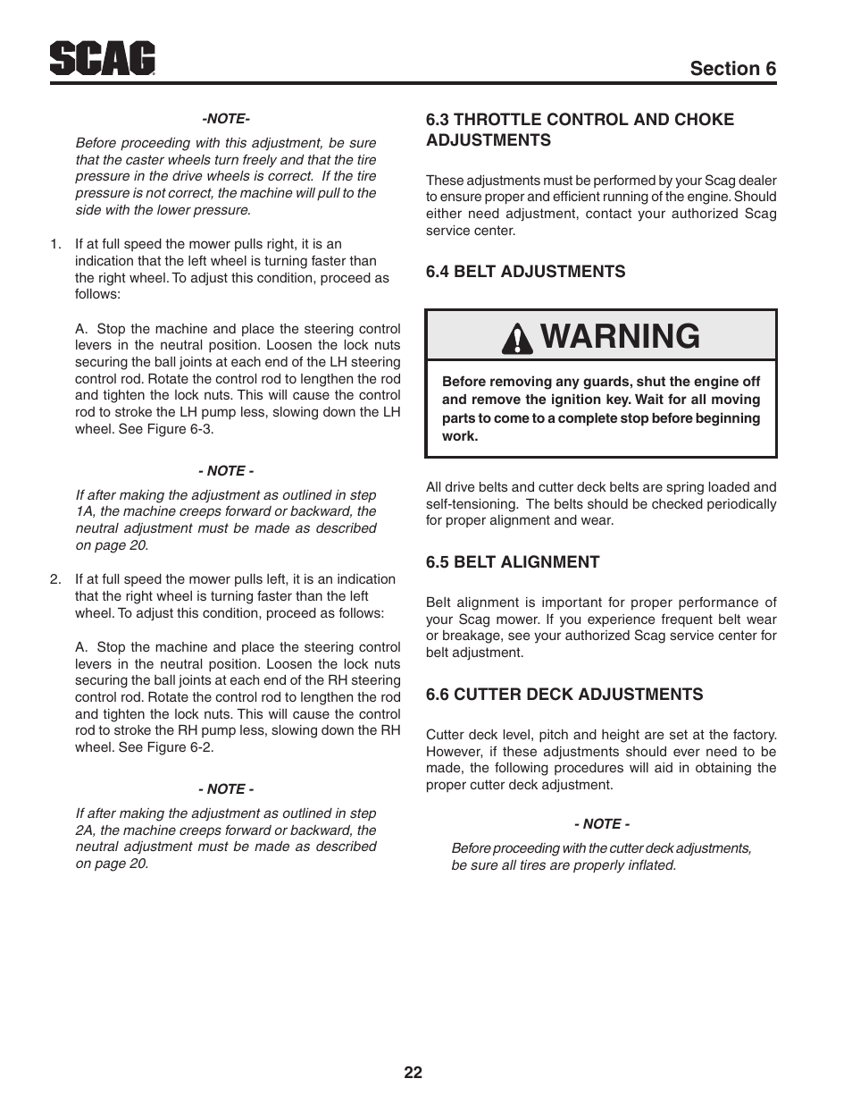 3 throttle control and choke adjustments, 4 belt adjustments, 5 belt alignment | 6 cutter deck adjustments, Warning | Scag Power Equipment V-RIDE SVR61V-29FX User Manual | Page 26 / 65