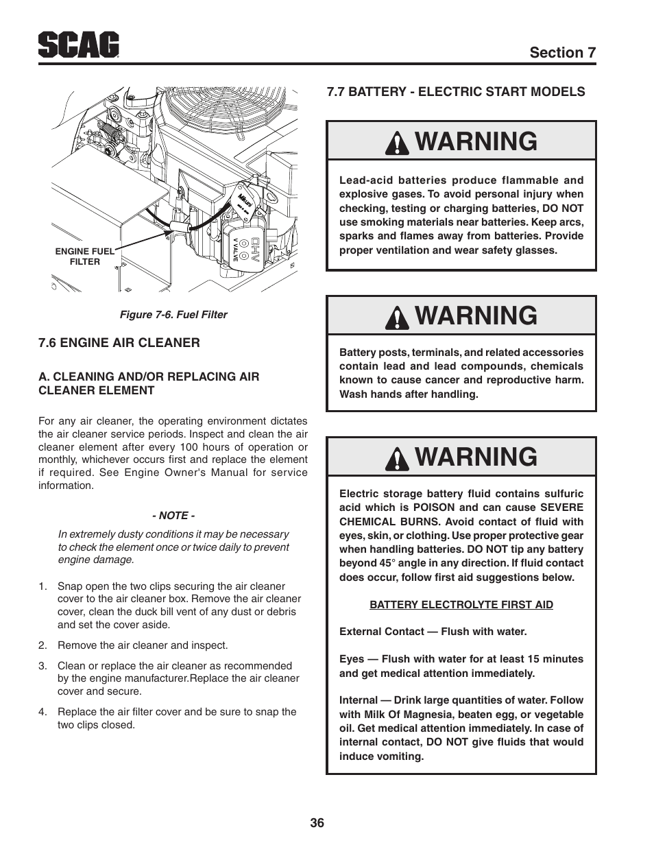 6 engine air cleaner, 7 battery - electric start models, Warning | Scag Power Equipment V-RIDE SVR61V-29FX User Manual | Page 40 / 65