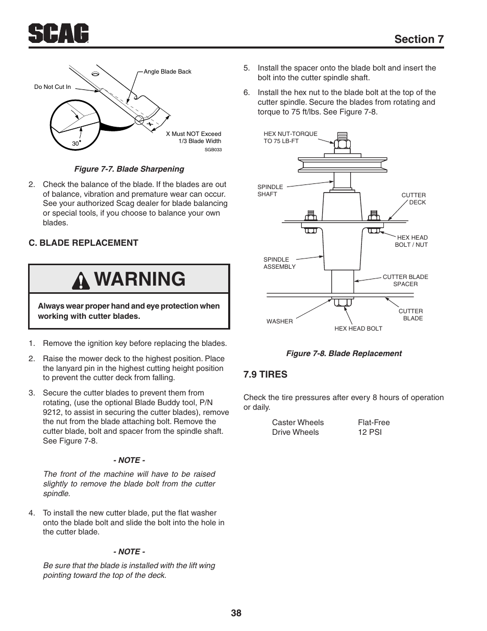 9 tires, Warning, Tires 7.9 | Scag Power Equipment V-RIDE SVR61V-29FX User Manual | Page 42 / 65