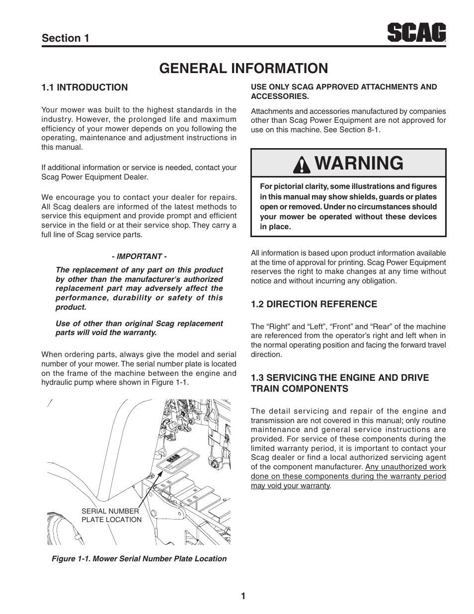 General information, 1 introduction, 2 direction reference | 3 servicing the engine and drive train components, Section 1, Warning, Introduction 1.1, Direction reference 1.2 | Scag Power Equipment V-RIDE SVR61V-29FX User Manual | Page 5 / 65