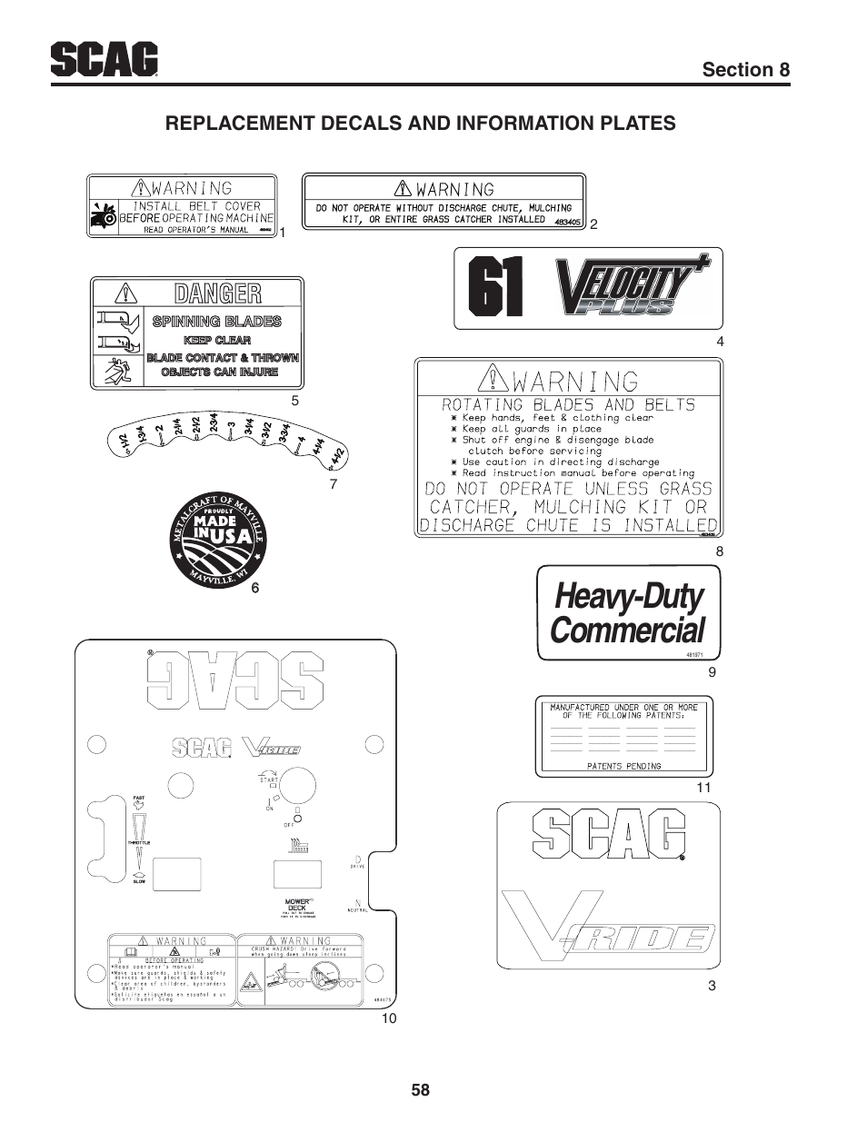 Replacement decals and information plates, Heavy-duty commercial | Scag Power Equipment V-RIDE SVR61V-29FX User Manual | Page 62 / 65