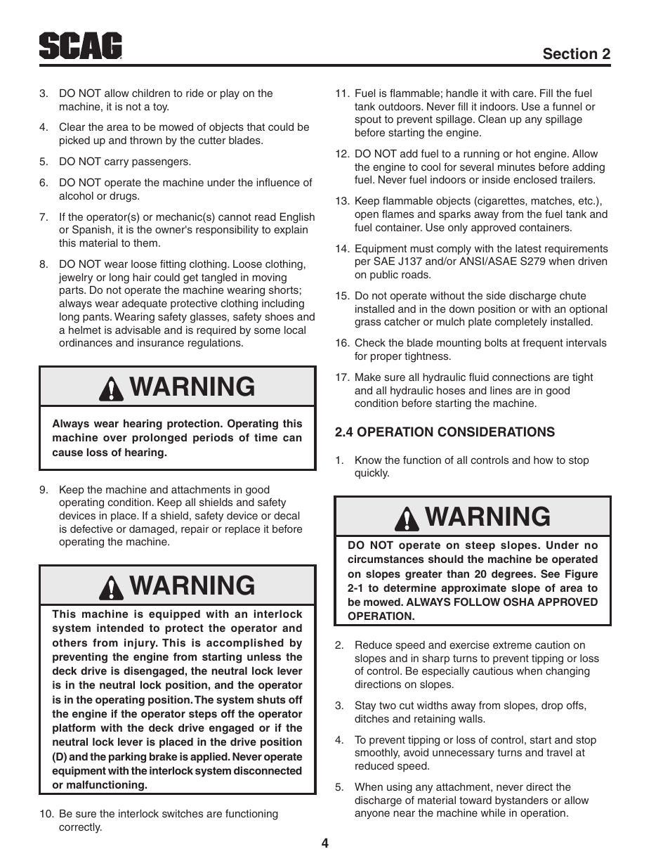 4 operation considerations, Warning | Scag Power Equipment V-RIDE SVR61V-29FX User Manual | Page 8 / 65