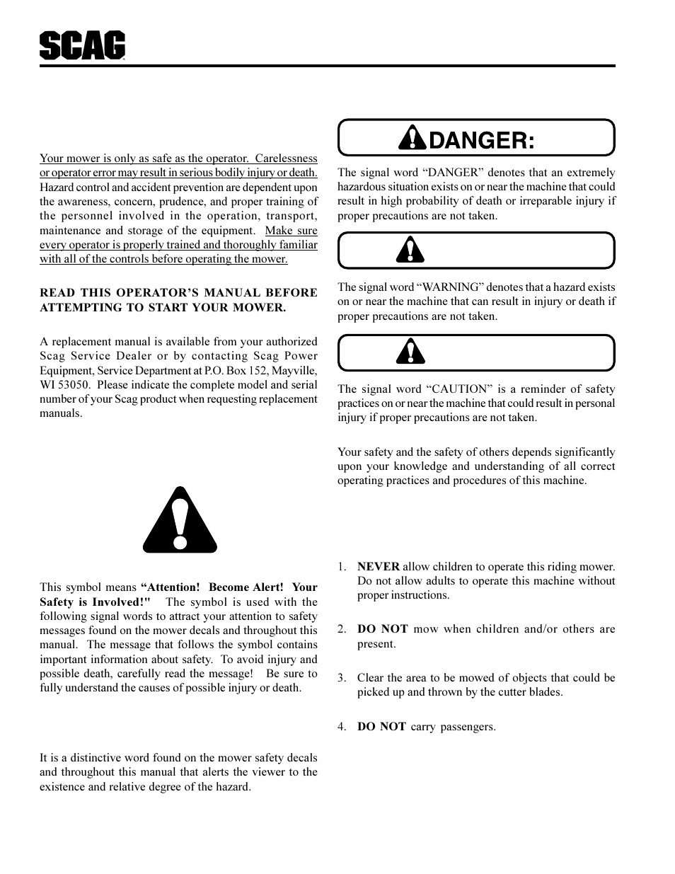 Warning, Caution, Safety information | Scag Power Equipment STC User Manual | Page 6 / 64