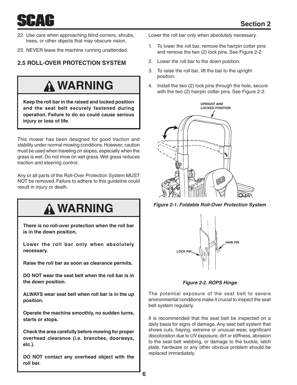 5 roll-over protection system, Warning | Scag Power Equipment TURF TIGER STT61V-31KB-DF User Manual | Page 10 / 76