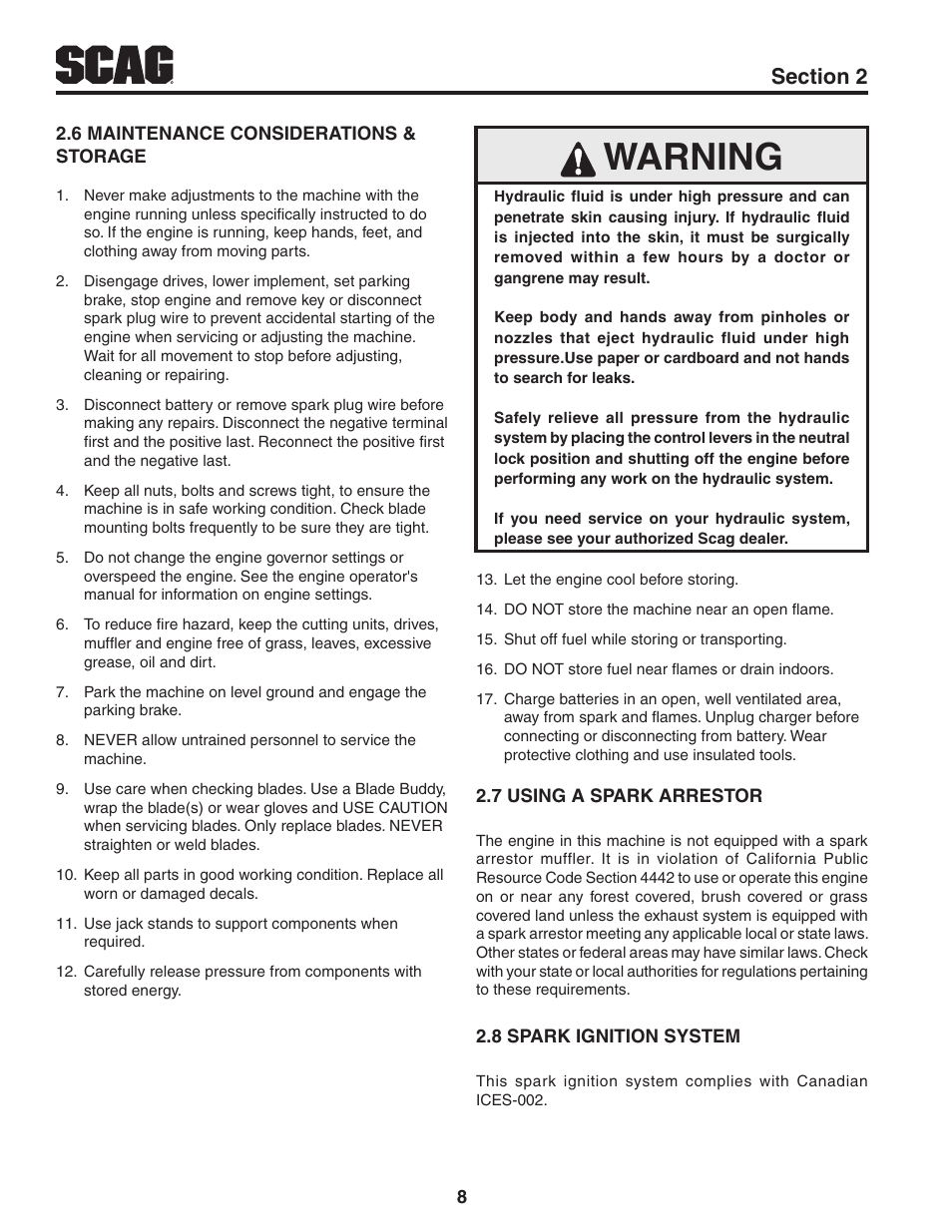 6 maintenance considerations & storage, 7 using a spark arrestor, 8 spark ignition system | Warning | Scag Power Equipment TURF TIGER STT61V-31KB-DF User Manual | Page 12 / 76